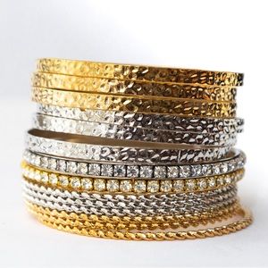 R.J. Graziano set of 14 2 tone & textured bangle bracelets gold, silver, & stone